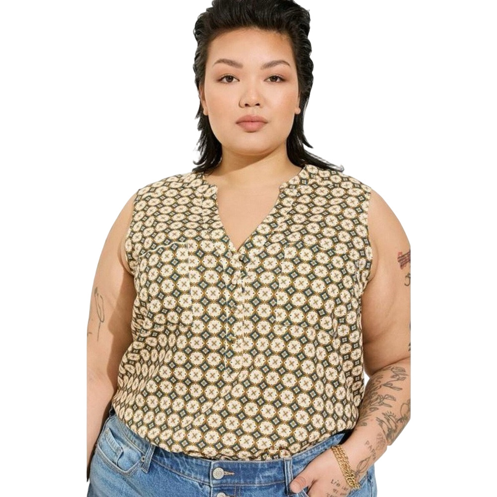 Torrid Sleeveless Cream and Brown V-Neck Blouse